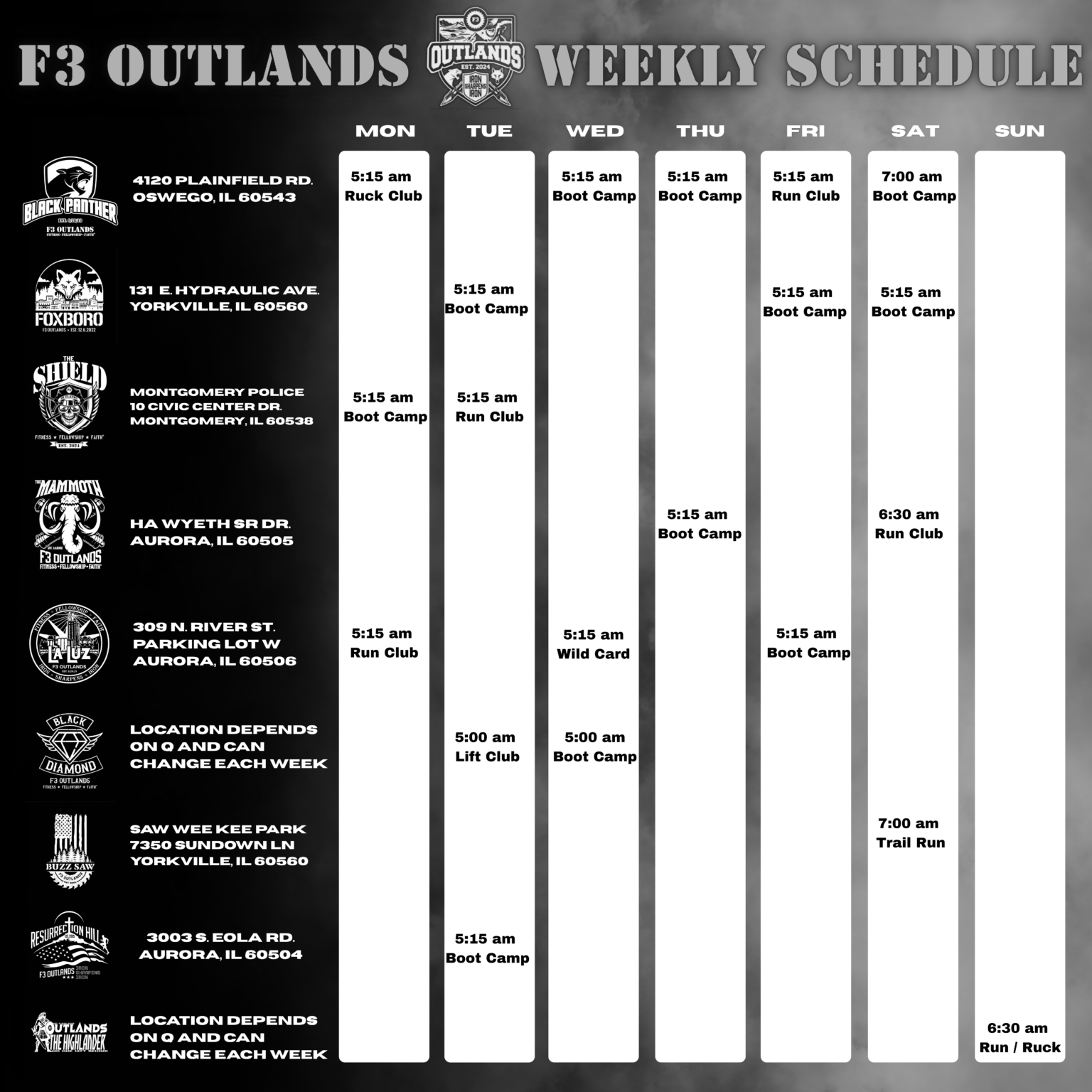 F3 Outlands Weekly Schedule